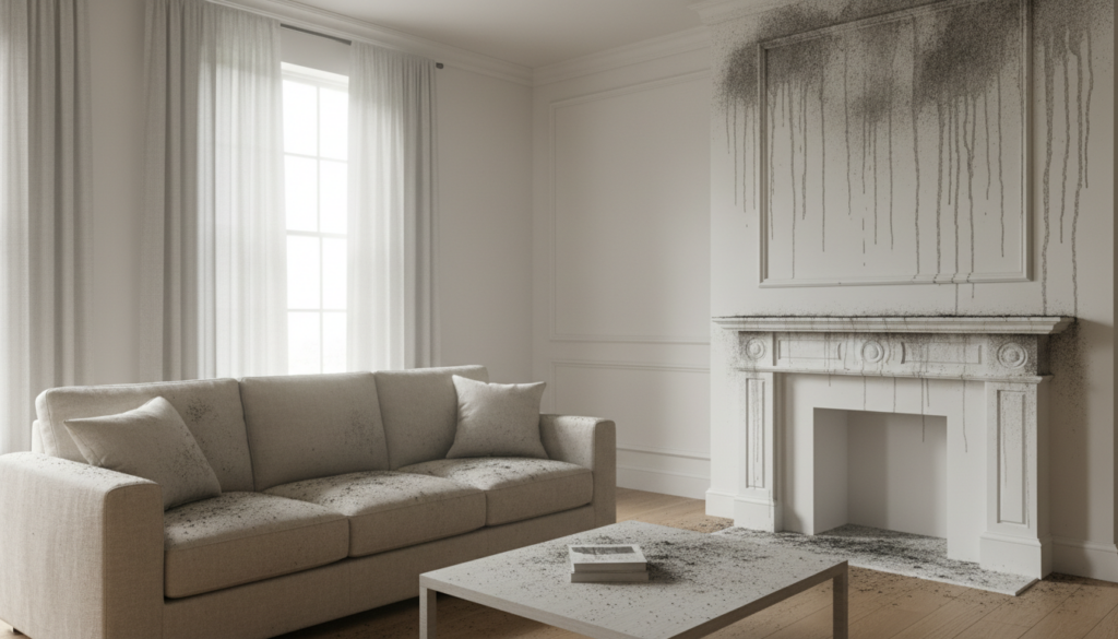 A minimalist white living room with heavy soot and ash stains covering the white sofa, coffee table, and decorative fireplace.