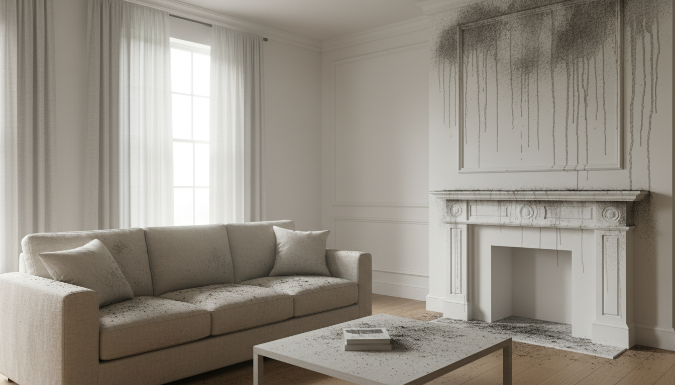 A minimalist white living room with heavy soot and ash stains covering the white sofa, coffee table, and decorative fireplace.