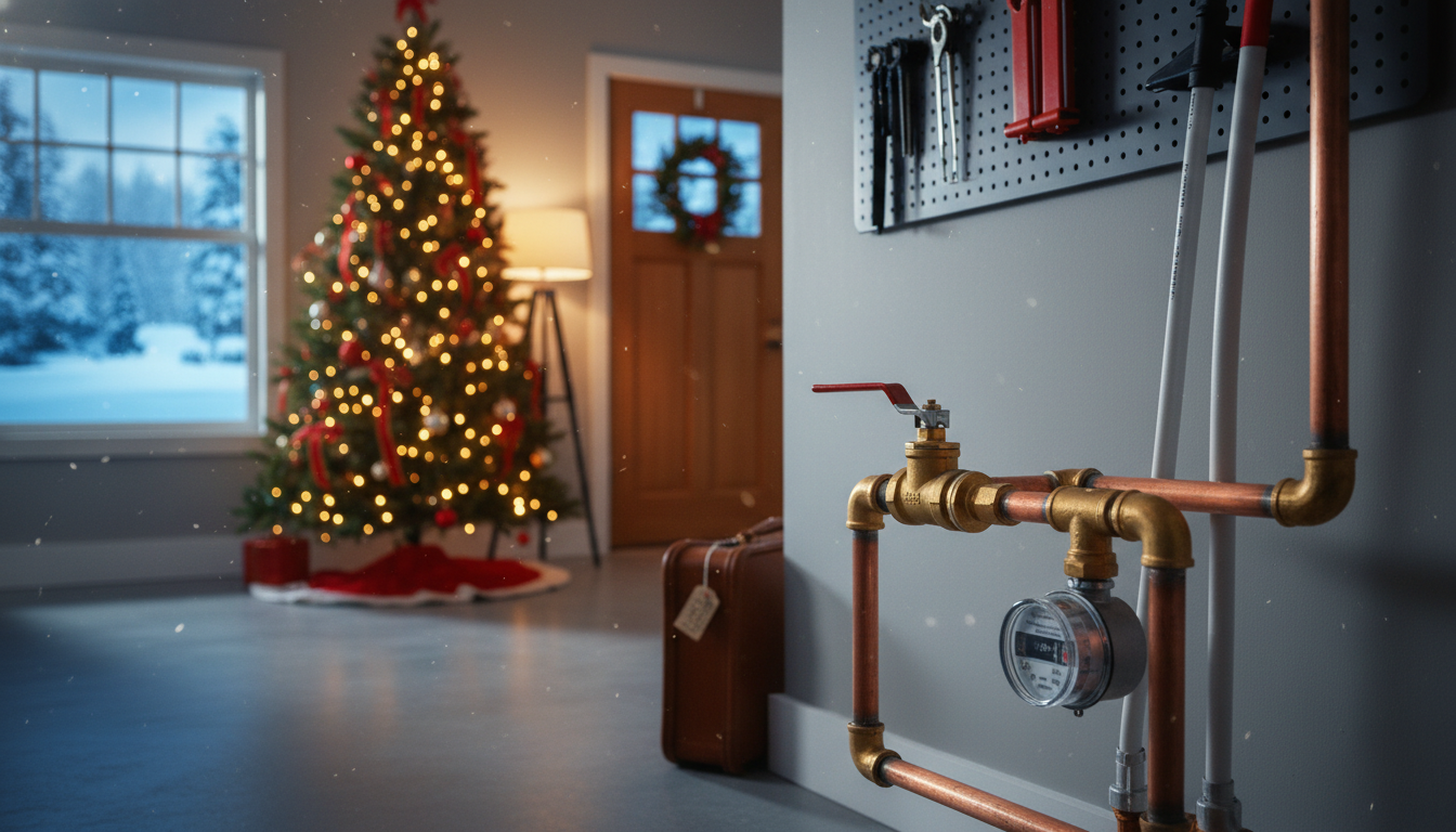 Close-up of copper water pipes with a meter and red shut-off valve on a grey wall, with a packed suitcase and a decorated Christmas tree in the blurred background.