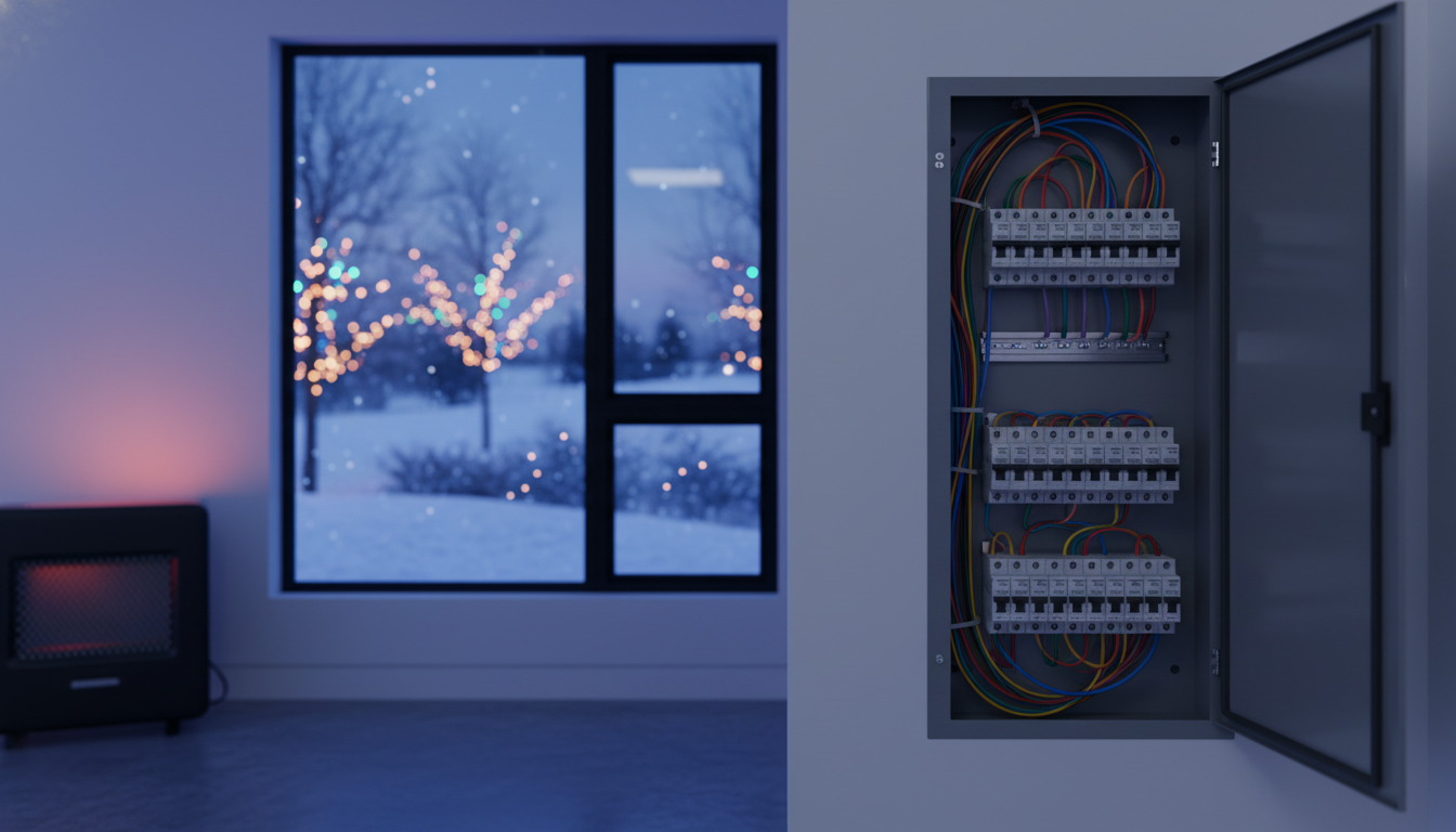 An open electrical circuit breaker panel with neatly organized wires mounted on a wall. In the background, a window looks out onto a snowy evening scene with twinkling lights on trees, and a space heater glows warmly in the corner.