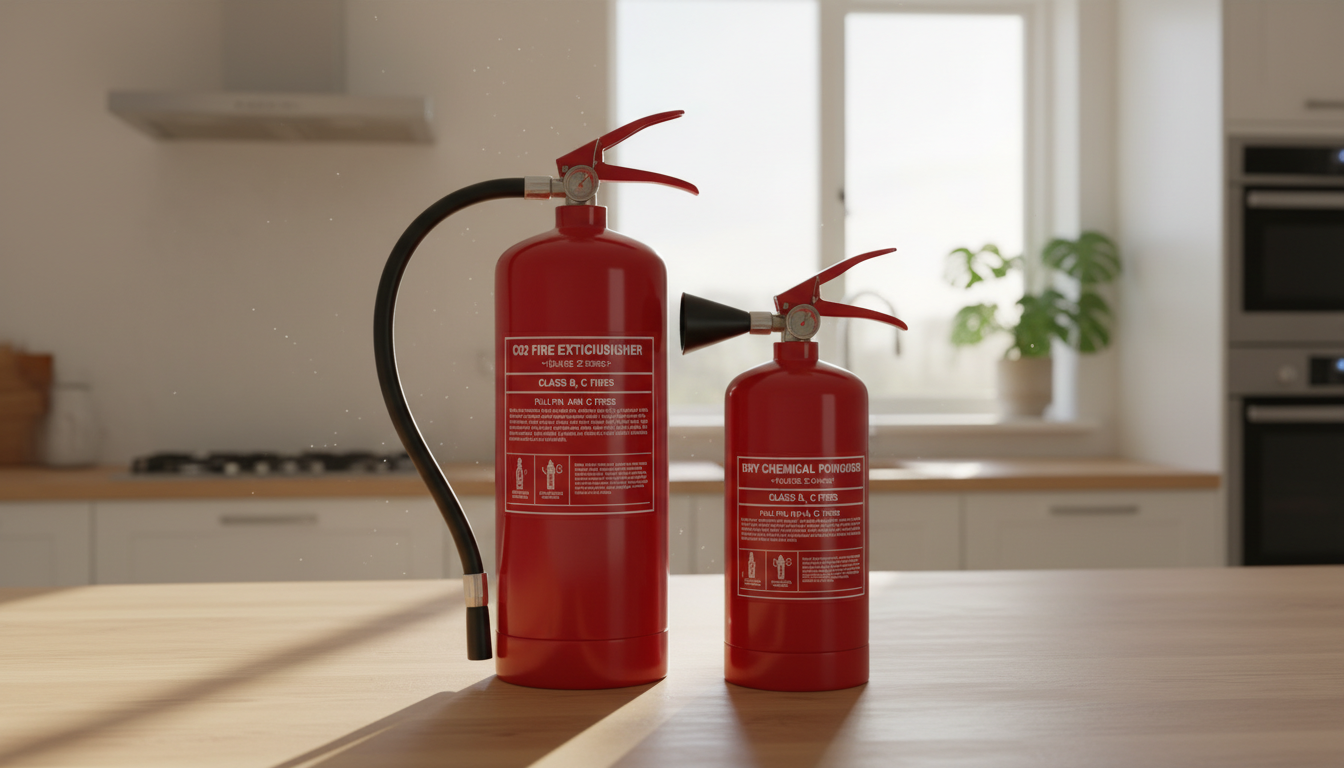 A larger red CO2 fire extinguisher and a smaller dry chemical fire extinguisher standing side-by-side on a wooden kitchen countertop in a bright, modern kitchen.