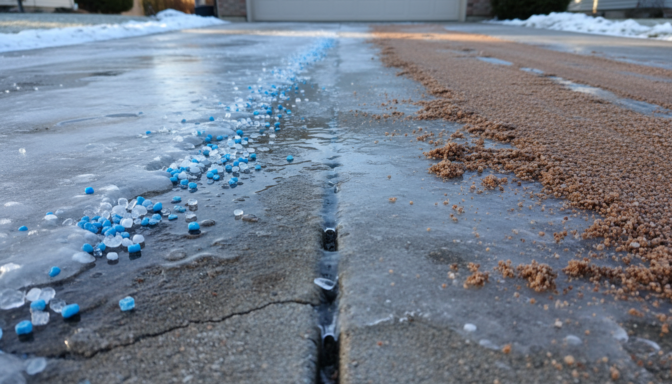 A close-up, low-angle shot of an icy concrete driveway with two types of winter treatments applied: blue and white rock salt pellets on the left side and a thick layer of brown sand on the right side.