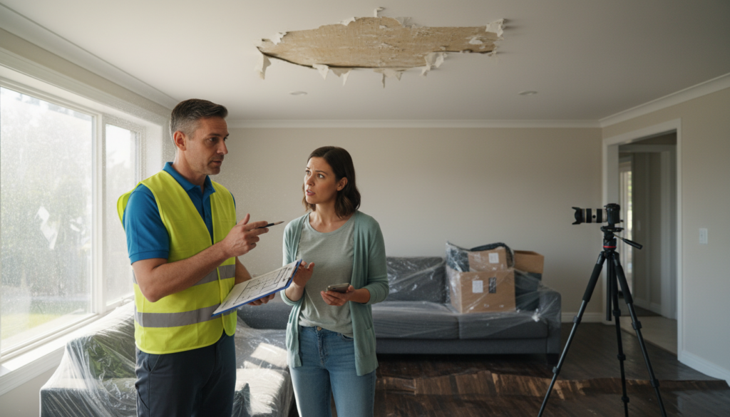 A male building inspector in a yellow safety vest and blue polo shirt points to a clipboard while talking to a concerned female homeowner in a living room with a large hole in the ceiling and furniture covered in plastic.