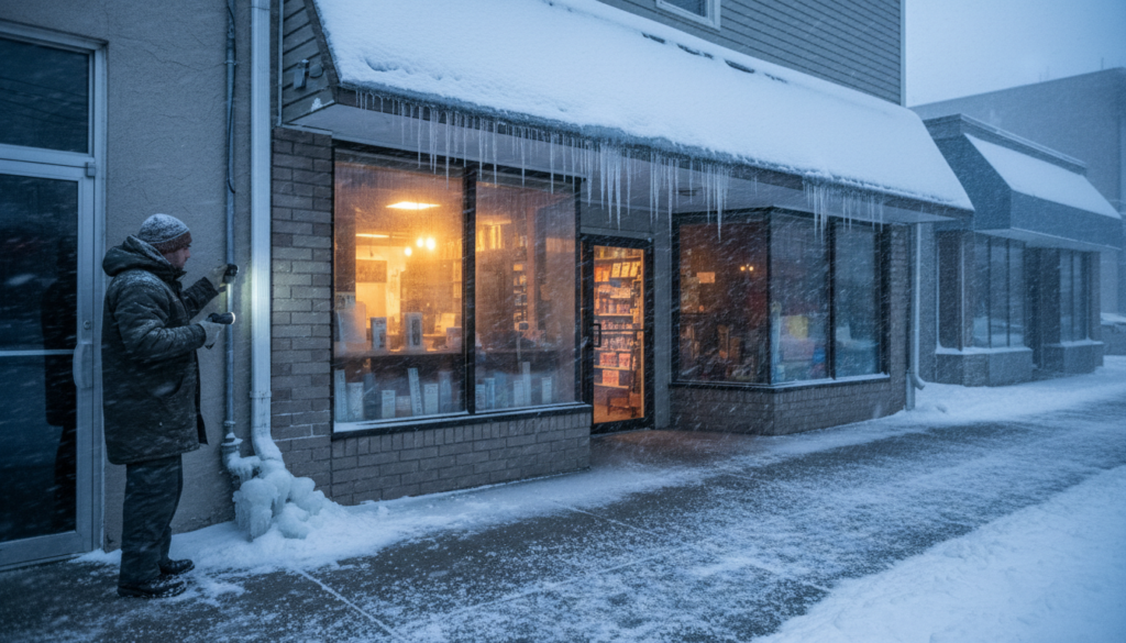A man in heavy winter gear uses two flashlights to inspect a frozen downspout outside a warmly lit storefront during a heavy snowstorm.