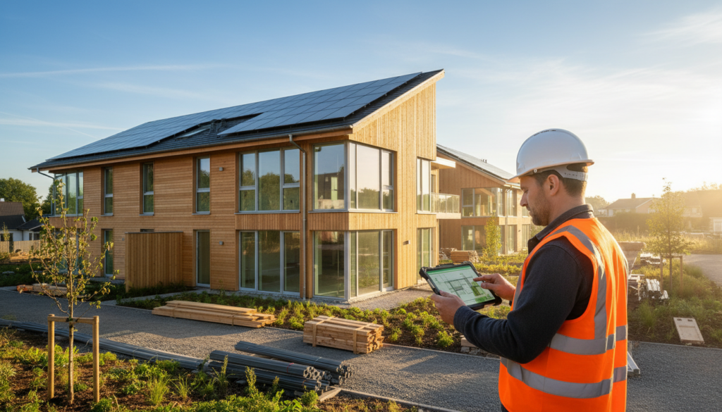 A construction worker wearing a white hard hat and orange safety vest holds a tablet showing blueprints in front of a modern two-story wooden building with solar panels on the roof.