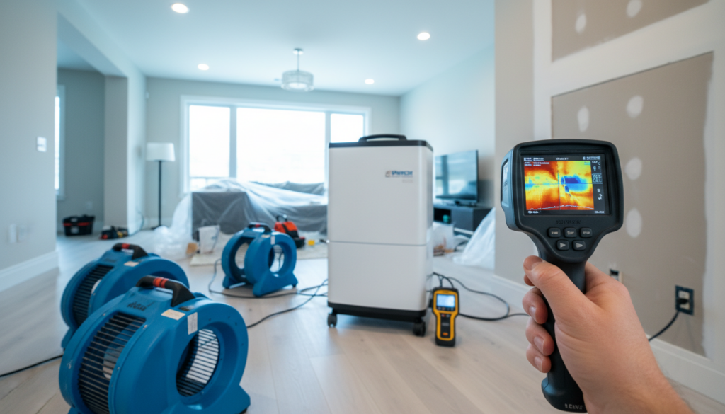 A person holds a thermal imaging camera to inspect a wall in a living room undergoing water damage restoration. Several blue air movers and a large white dehumidifier are positioned on the light wood floor to dry the area.