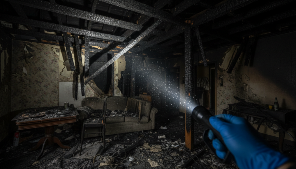 A first-person view of a fire-damaged room where a hand in a blue glove shines a flashlight beam on charred furniture and soot-covered debris.