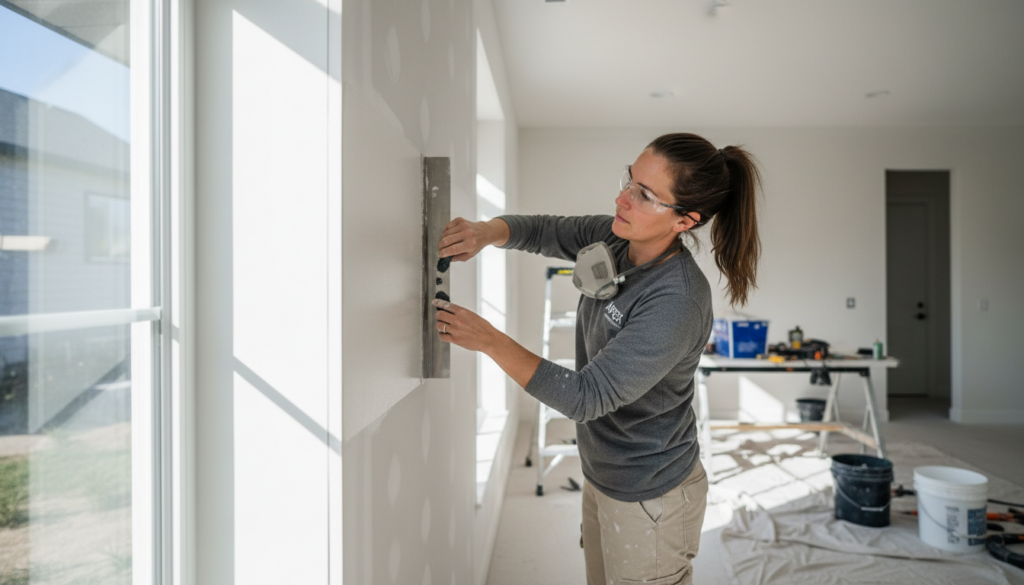 A woman in safety glasses applies joint compound to a drywall seam with a large taping knife in a bright room.