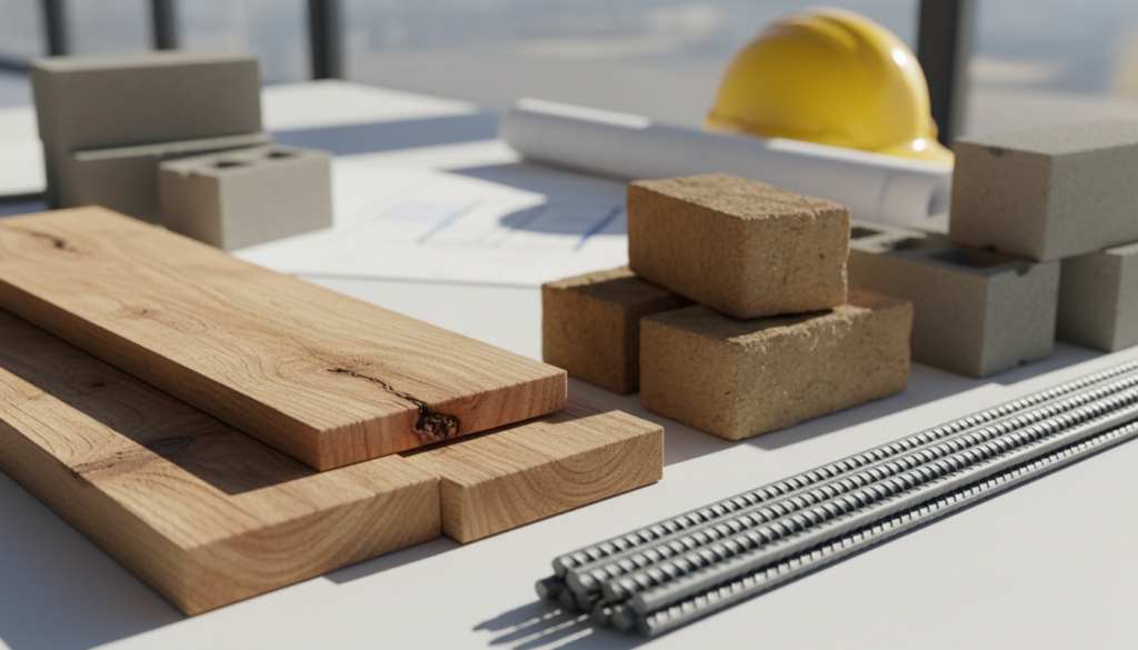 A selection of building materials including wooden planks, concrete blocks, brown bricks, and steel rebar rods neatly arranged on a white surface with architectural blueprints and a yellow hard hat in the background.