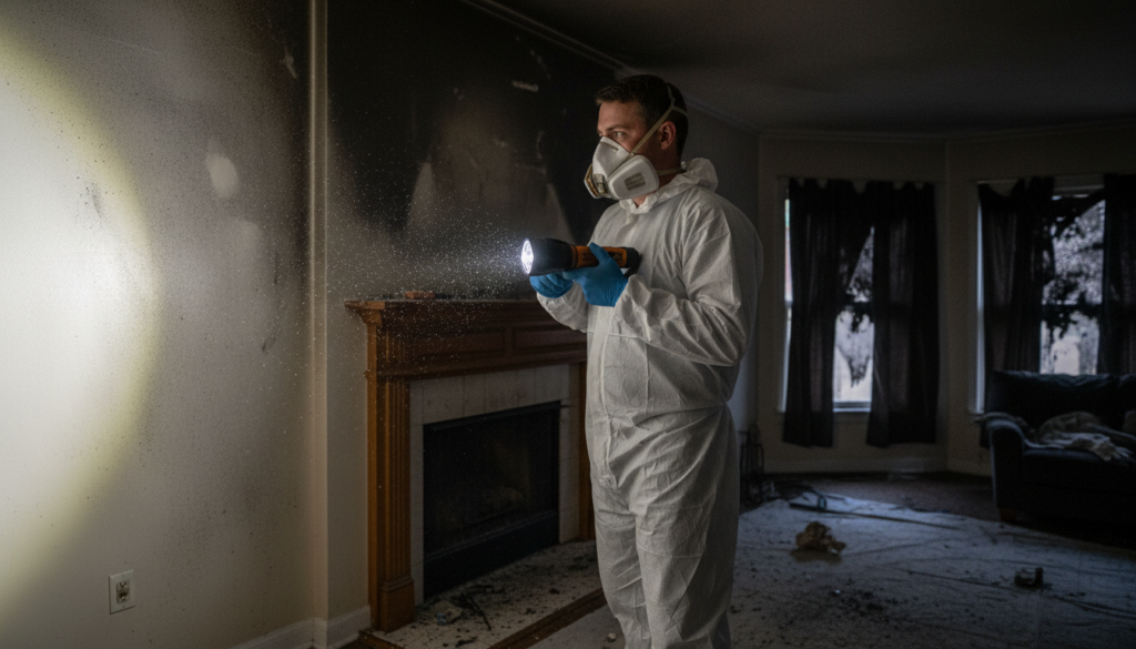 A restoration technician in a white hazmat suit, respirator, and blue gloves uses a flashlight to examine soot and smoke damage on a wall next to a fireplace in a fire-damaged home.