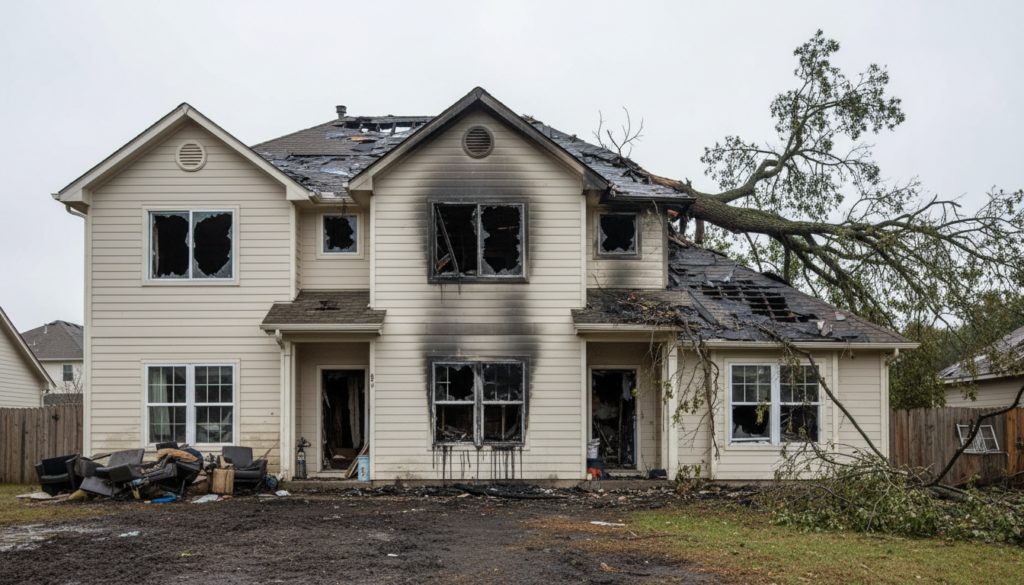 A two-story tan residential house shows severe damage from both a fire and a fallen tree. Black soot stains mark the siding around shattered windows, and a large tree has crashed into the right side of the roof. Burnt furniture and branches are scattered across the muddy front yard under a grey, overcast sky.