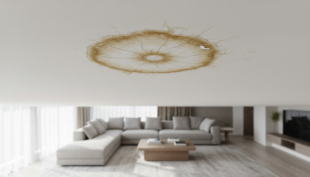 A large, circular brown water stain with radiating cracks on a white ceiling, overlooking a blurred, modern living room.