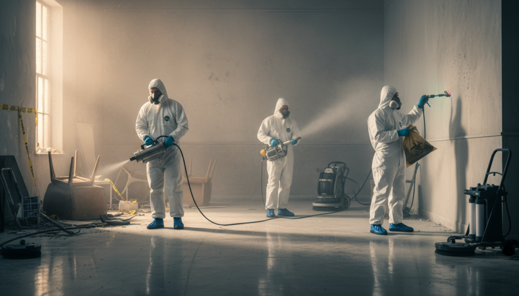 Three professionals in white hazmat suits and respirators use specialized fogging and spraying equipment to decontaminate a large, dusty indoor room illuminated by sunlight.