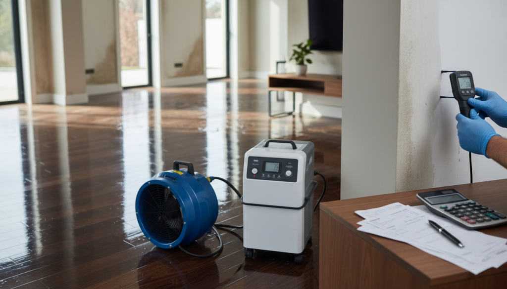 A technician uses a moisture meter on a wall in a room undergoing water damage restoration, featuring a blue industrial air mover and a white dehumidifier on wet wood floors.