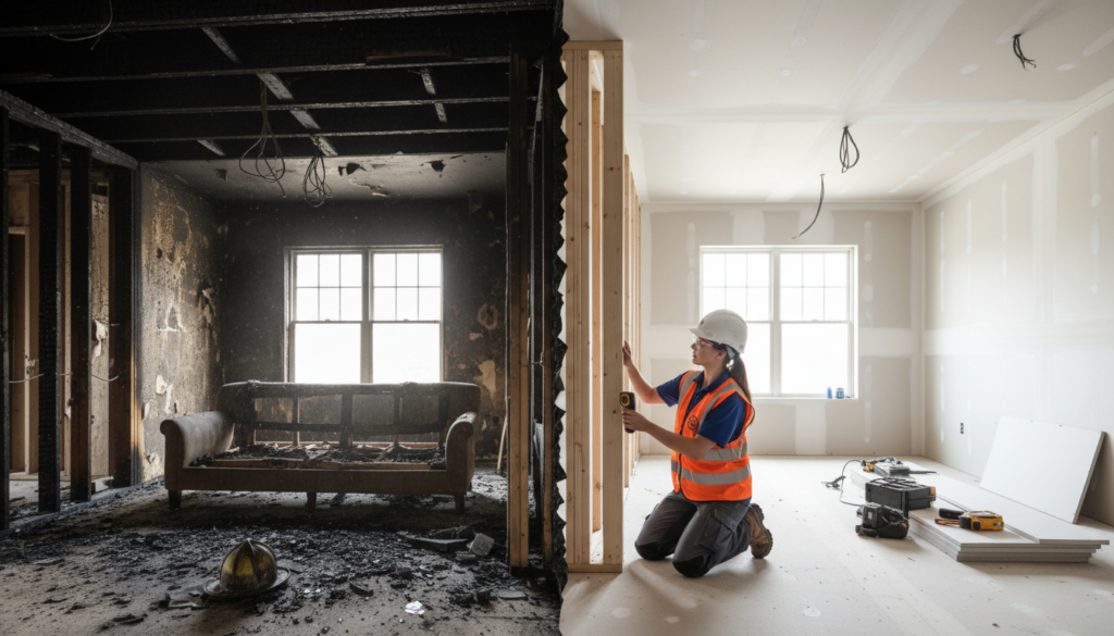 A split-screen comparison image showing a room completely charred and destroyed by fire on the left and a female construction worker rebuilding the same room with new drywall and framing on the right.