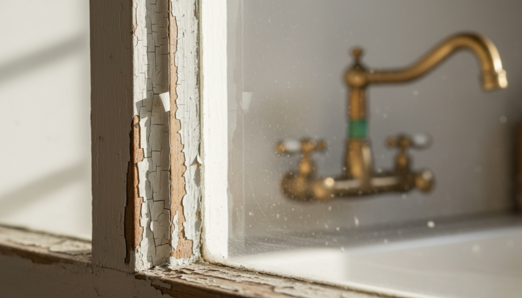 A detailed close-up of a white wooden window frame with significant paint peeling and cracking, revealing the wood beneath. In the soft-focus background, a vintage-style brass faucet sits above a white sink.