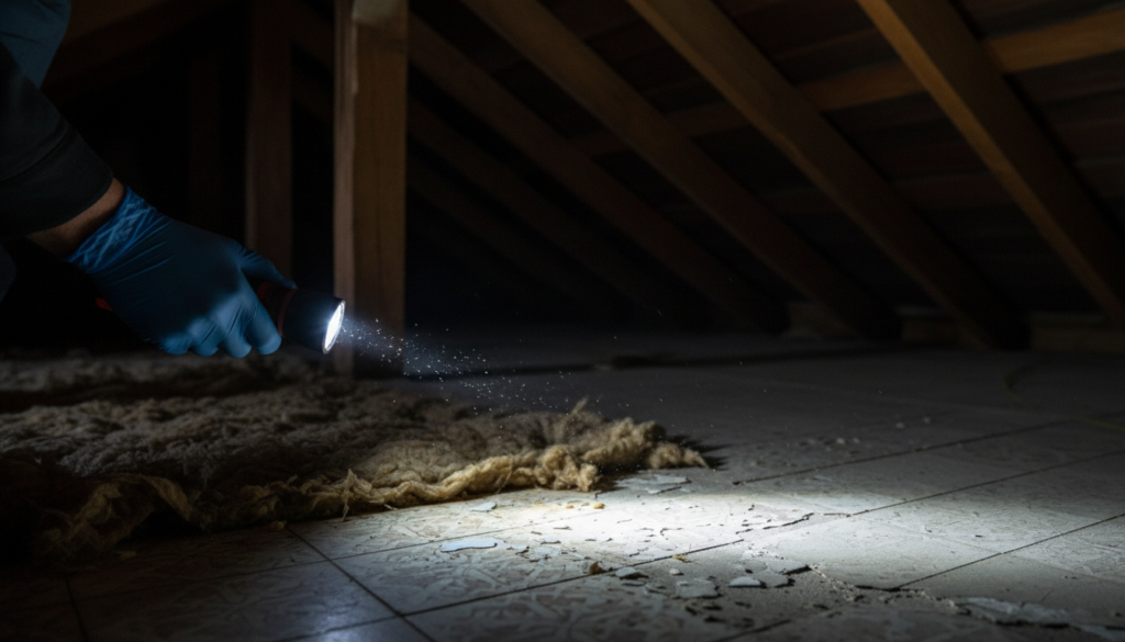 A hand in a blue nitrile glove shines a bright flashlight across a dark attic floor, revealing dust particles in the air, old yellow insulation, and cracked floor tiles.