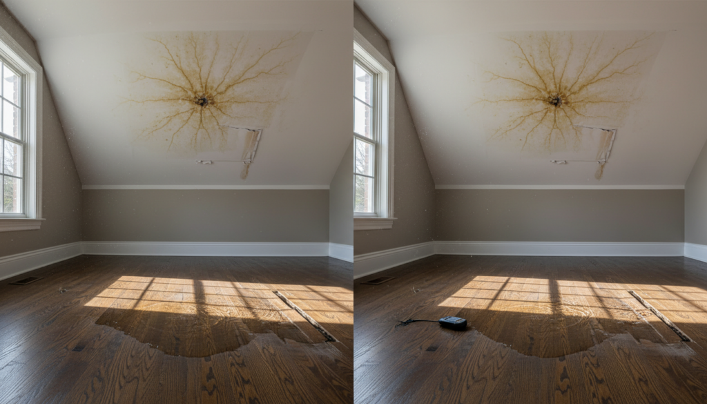 A side-by-side comparison showing a room with severe water damage. A massive brown water stain spreads across the sloped ceiling like a starburst. On the hardwood floor directly beneath, a large puddle has formed. The right-hand image includes a moisture meter placed on the wet floor for assessment.
