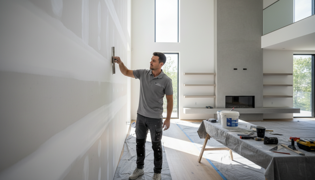 A professional drywall contractor in a grey polo shirt using a taping knife to apply joint compound to a high wall in a modern, open-concept living room.