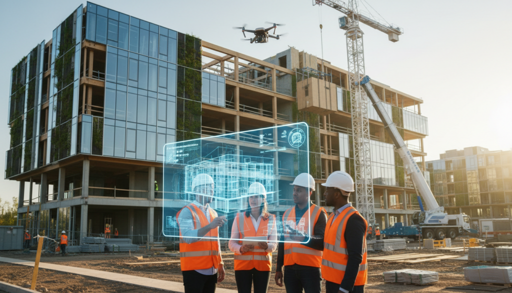 Four construction professionals in hard hats and safety vests interact with a glowing 3D holographic architectural blueprint on an active construction site for a sustainable timber-frame building, with a drone monitoring from above.