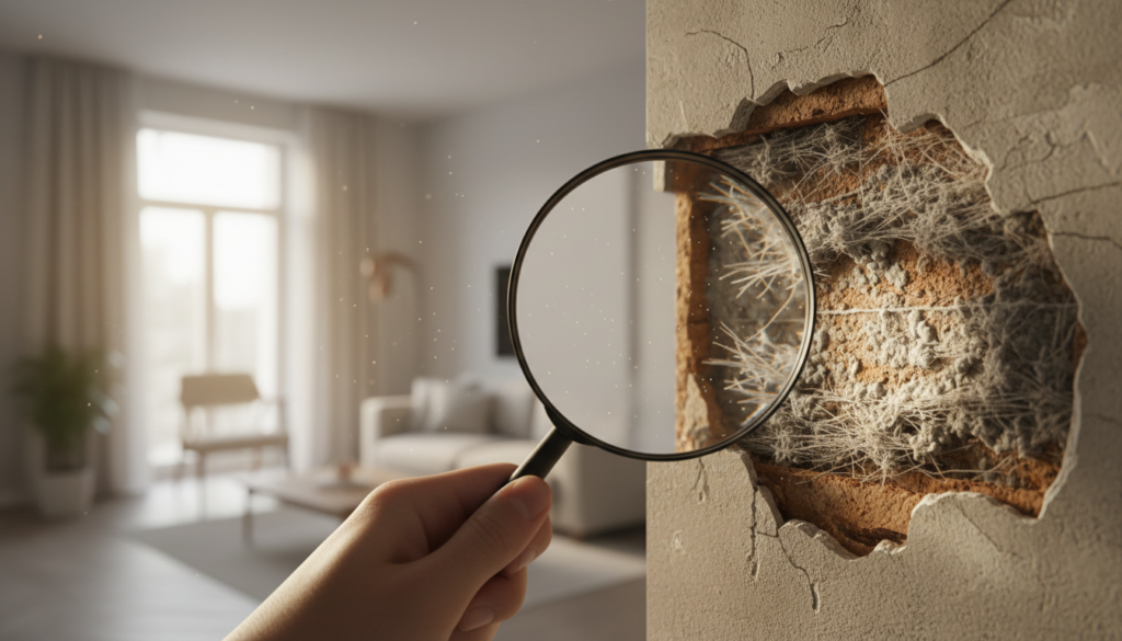 A person holding a magnifying glass to a hole in a plaster wall, revealing fibrous white material that resembles asbestos insulation with dust particles floating in the air.