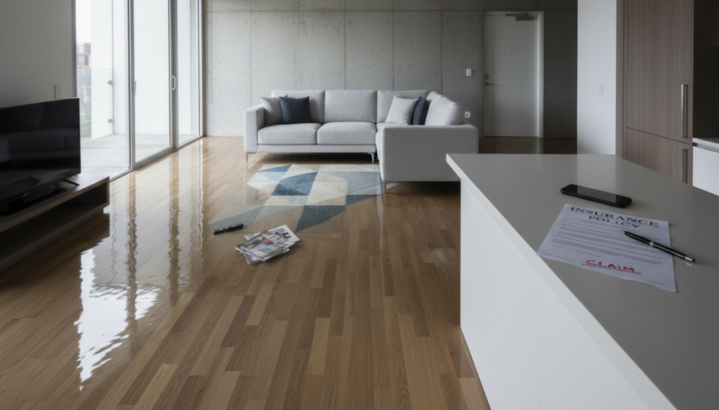 A modern apartment living room with a flooded hardwood floor reflecting light from large glass doors, with an insurance policy document labeled 'CLAIM' in the foreground.