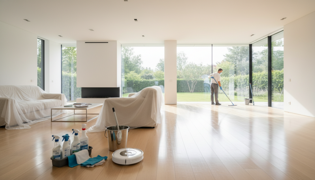 A man mopping the light wood floor of a large, modern, minimalist living room with floor-to-ceiling windows. In the foreground, cleaning supplies including spray bottles, a bucket, and a robot vacuum are neatly arranged. Two sofas are covered in white protective cloths, and large glass windows offer a view of a lush green garden.