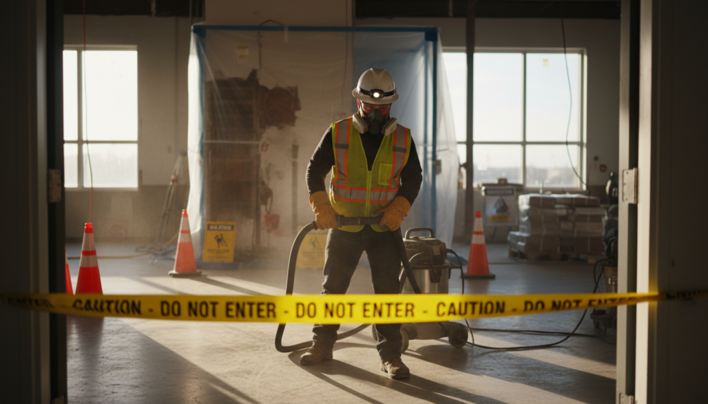 A construction worker in full safety gear, including a respirator and hard hat with a headlamp, operates an industrial vacuum on a construction site behind yellow caution tape.