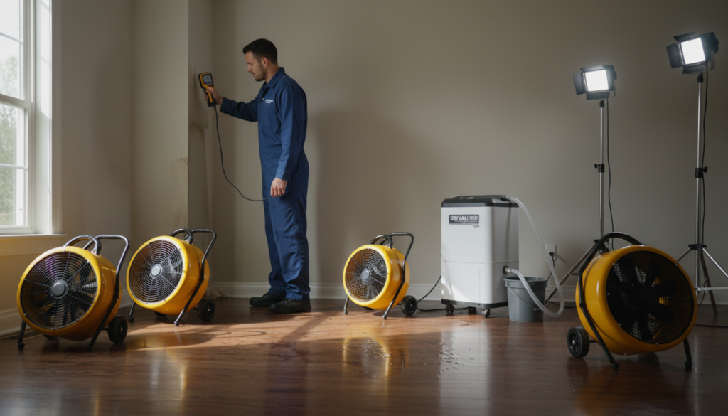 A restoration professional in blue overalls uses a moisture meter on a wall in a room with water damage. Several yellow industrial air movers and a white dehumidifier are set up on the wet hardwood floor.