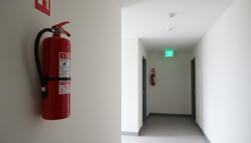A red fire extinguisher mounted on a white wall in the foreground of a modern, brightly lit hallway with an exit sign in the blurred distance.