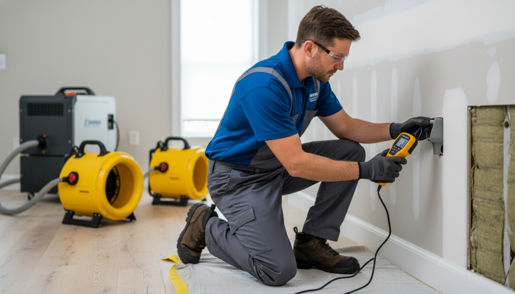 A professional technician using a moisture meter on a wall outlet in a room with industrial drying equipment.