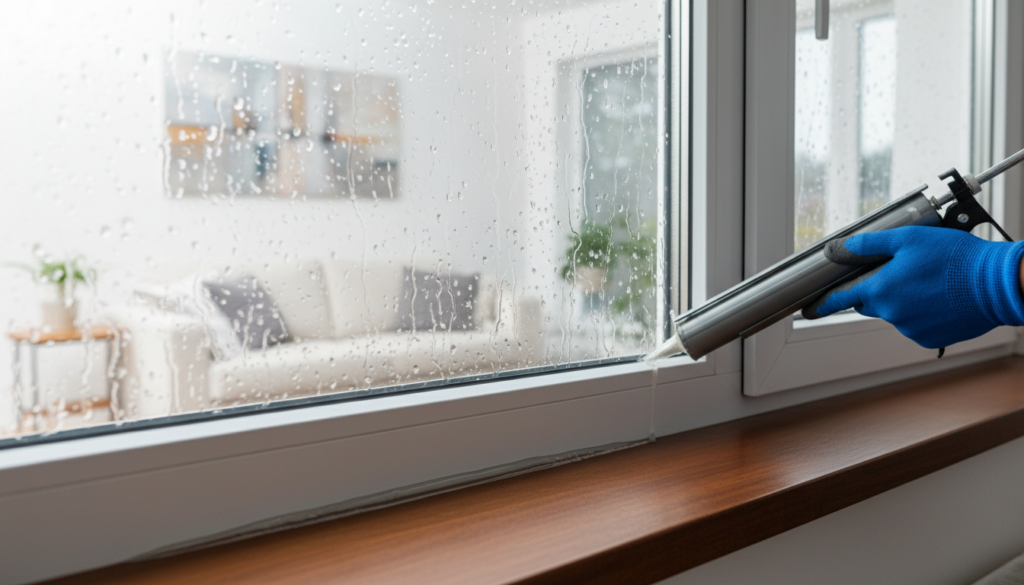 A person wearing blue gloves uses a caulking gun to apply a bead of sealant along the base of a white window frame. Raindrops are visible on the glass, and a blurred living room is in the background.
