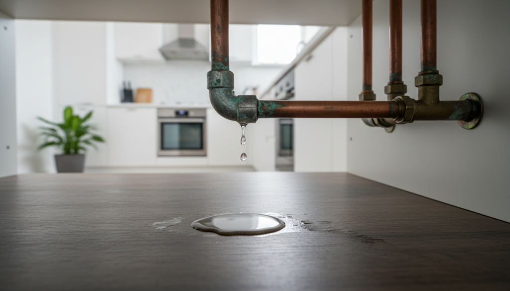 Close-up of a leaking copper pipe under a kitchen sink, with water droplets falling into a small puddle on a wooden floor.