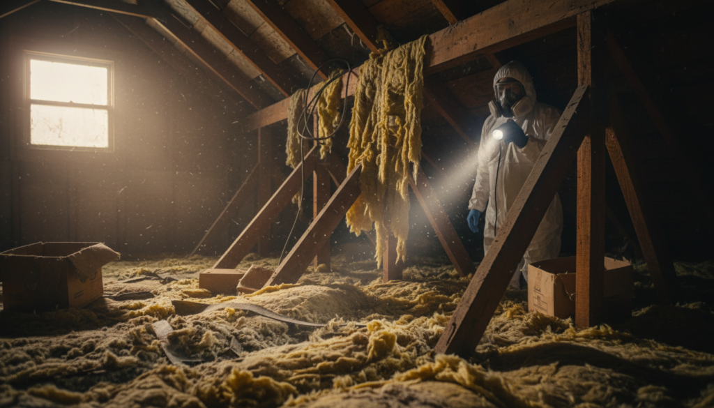 A professional in a white hazmat suit and respirator uses a flashlight to inspect a dusty attic filled with yellow insulation and wooden rafters.