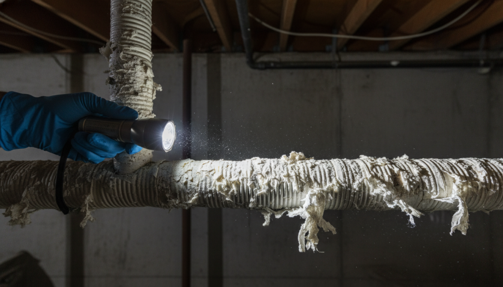 A gloved hand shines a flashlight on a pipe covered in deteriorating, fibrous white insulation, revealing airborne dust particles in the beam of light.