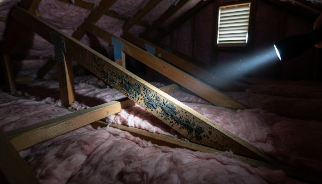 A flashlight beam illuminates a patch of dark mold growing on a wooden attic rafter above pink fiberglass insulation.