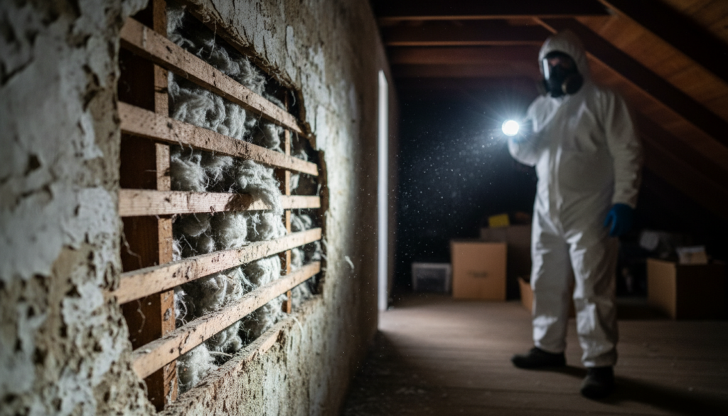 A professional wearing a white hazmat suit and respirator mask shines a flashlight onto exposed gray insulation behind a wood lath wall in a dark attic.