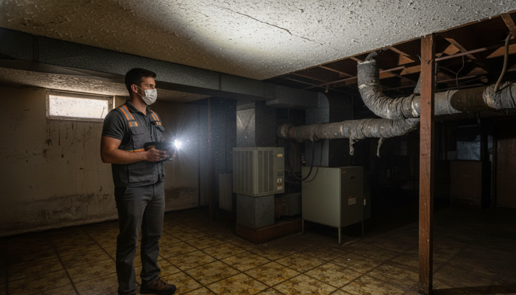 A professional home inspector wearing a protective face mask and safety vest shines a bright flashlight on the ceiling and exposed pipes in a dark, unfinished basement.