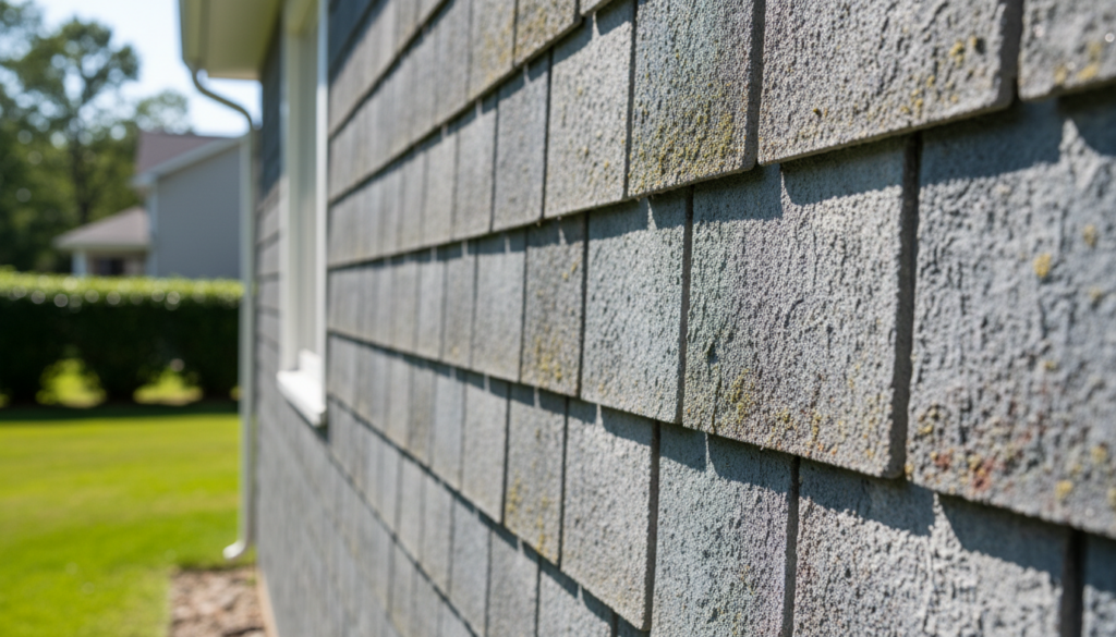 A close-up, angled view of gray shingle siding on a residential home, featuring visible green moss and textured surfaces under bright sunlight.