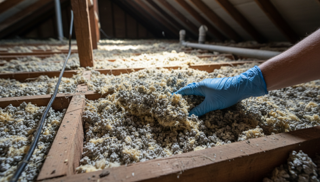 A person wearing a blue nitrile glove reaches into thick, grey blown-in cellulose insulation situated between wooden floor joists in an attic space.