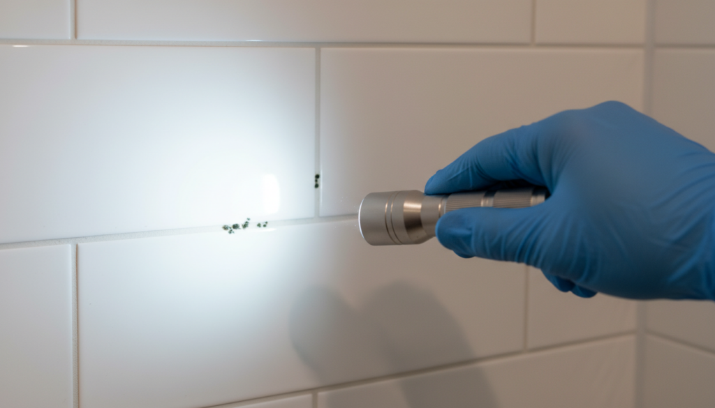 A person wearing a blue nitrile glove shines a flashlight onto small dark green mold spots in the grout between white subway tiles.