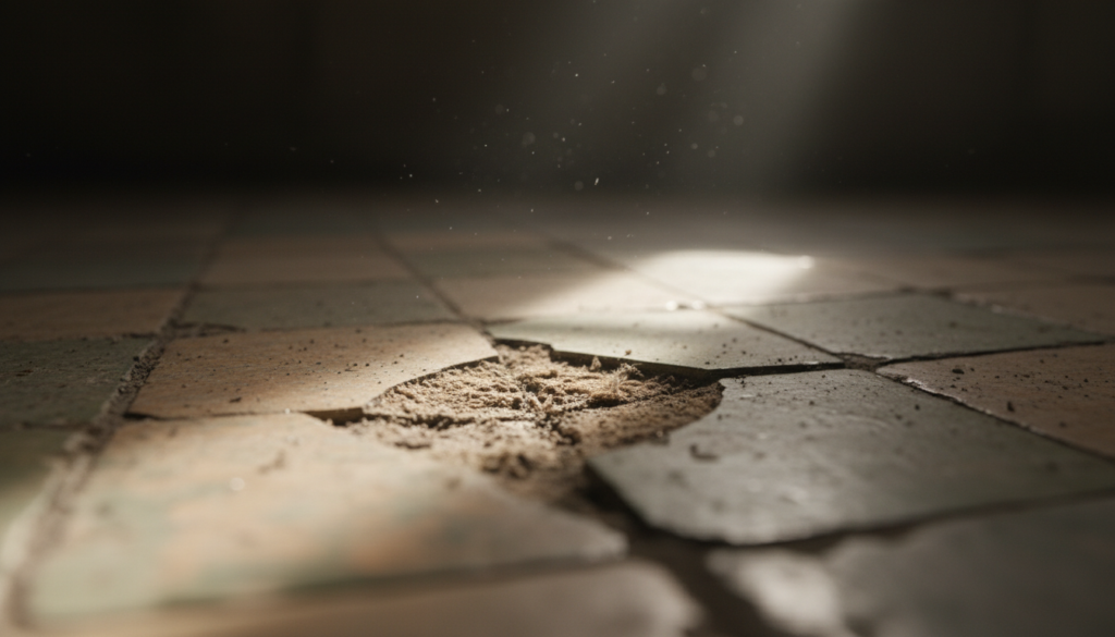 A close-up view of a broken and dusty tiled floor with a single beam of light illuminating particles in the air.