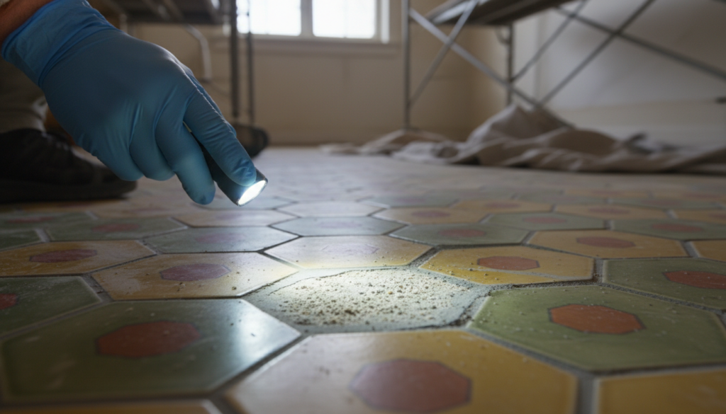A hand in a blue latex glove shines a small flashlight onto a hexagonal tile floor, highlighting dust and particles.