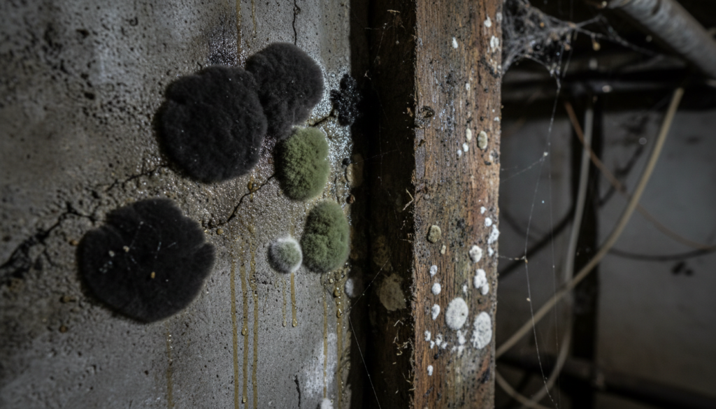 Close-up of circular patches of fuzzy black, green, and white mold growing on a cracked, damp concrete wall and an adjacent wooden beam in a dark basement.