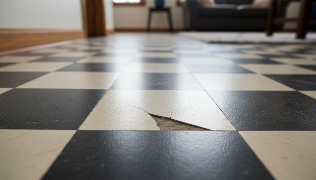 A close-up, low-angle shot of a black and white checkered floor, featuring a cracked and chipped white tile in the foreground.