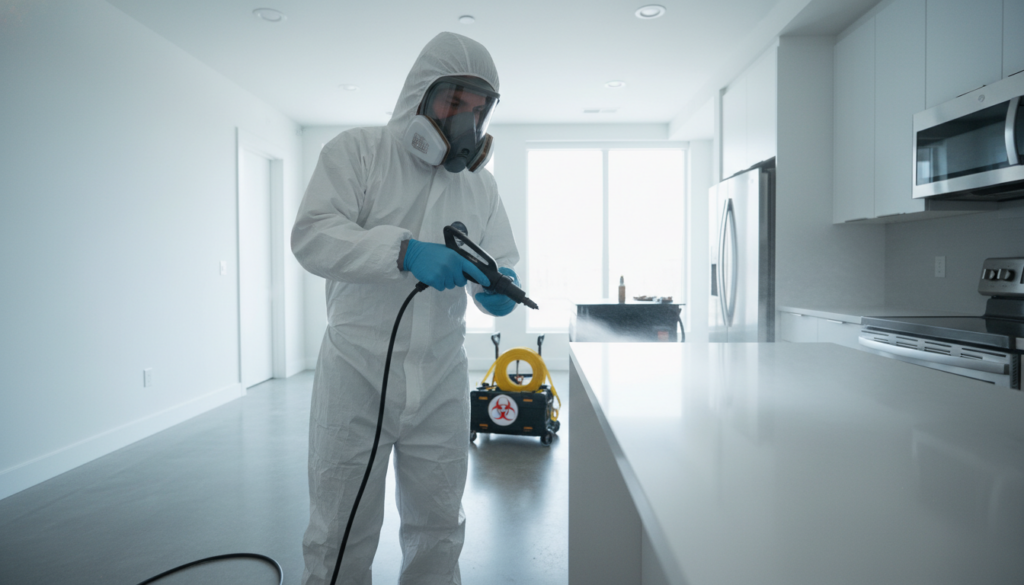 A professional in a full white hazmat suit with a respirator mask and blue gloves sprays a kitchen countertop with a disinfection device inside a modern apartment.