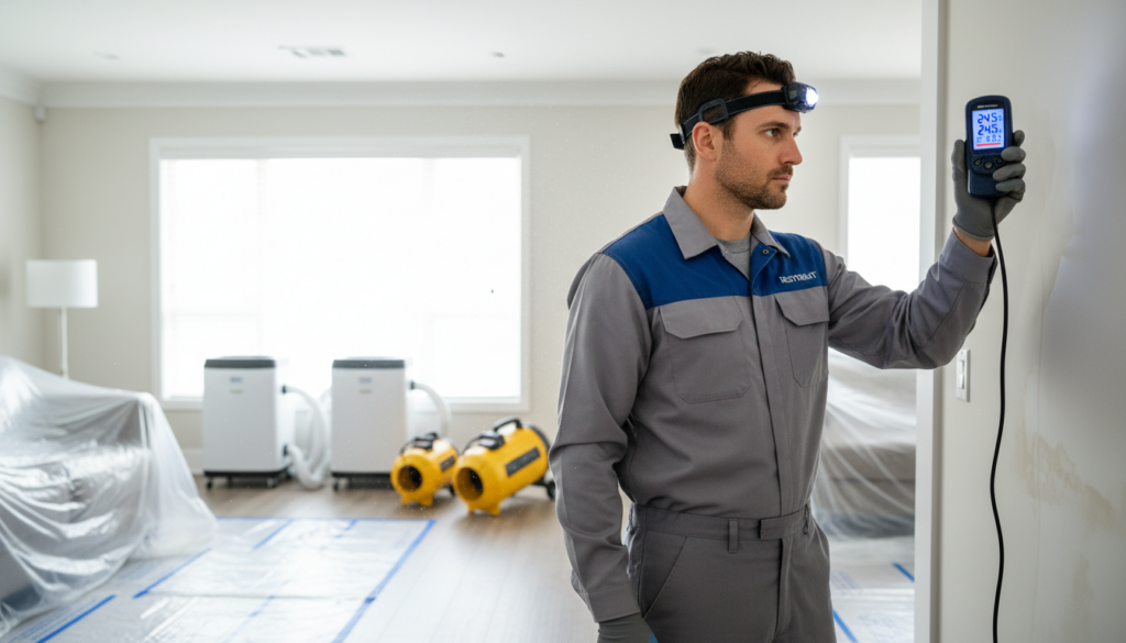 A male restoration technician wearing a headlamp uses a digital moisture meter on a wall inside a house. The room contains industrial dehumidifiers and air movers, with furniture covered in plastic sheeting.