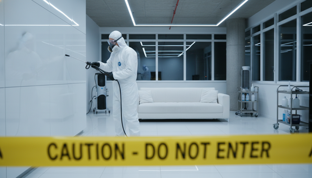 A person in a full white biohazard suit and respirator spraying a wall in a modern office, viewed from behind a yellow caution tape that reads 'DO NOT ENTER'.