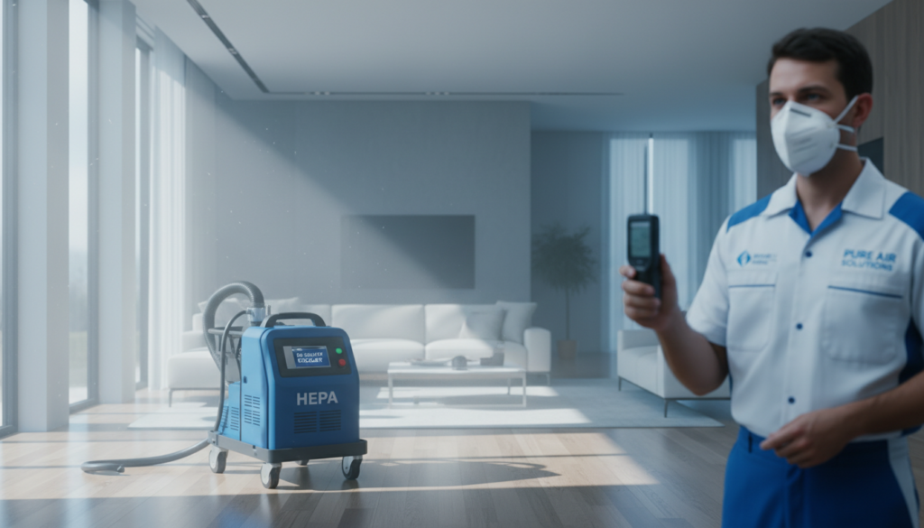 A blue industrial HEPA air scrubber stands in a sunlit modern living room while a technician in a face mask and professional uniform holds an air quality monitoring device.