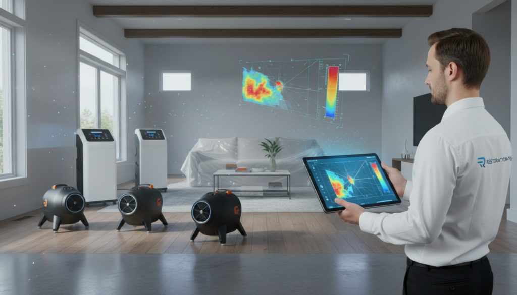 A restoration technician holding a tablet displaying a thermal heat map in a room with industrial drying equipment.